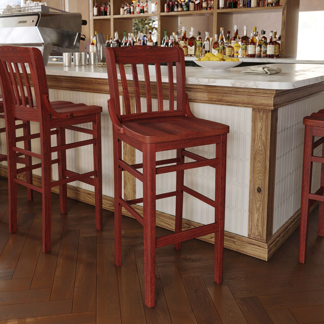Emma and Oliver School House Back Wooden Restaurant Dining Barstool